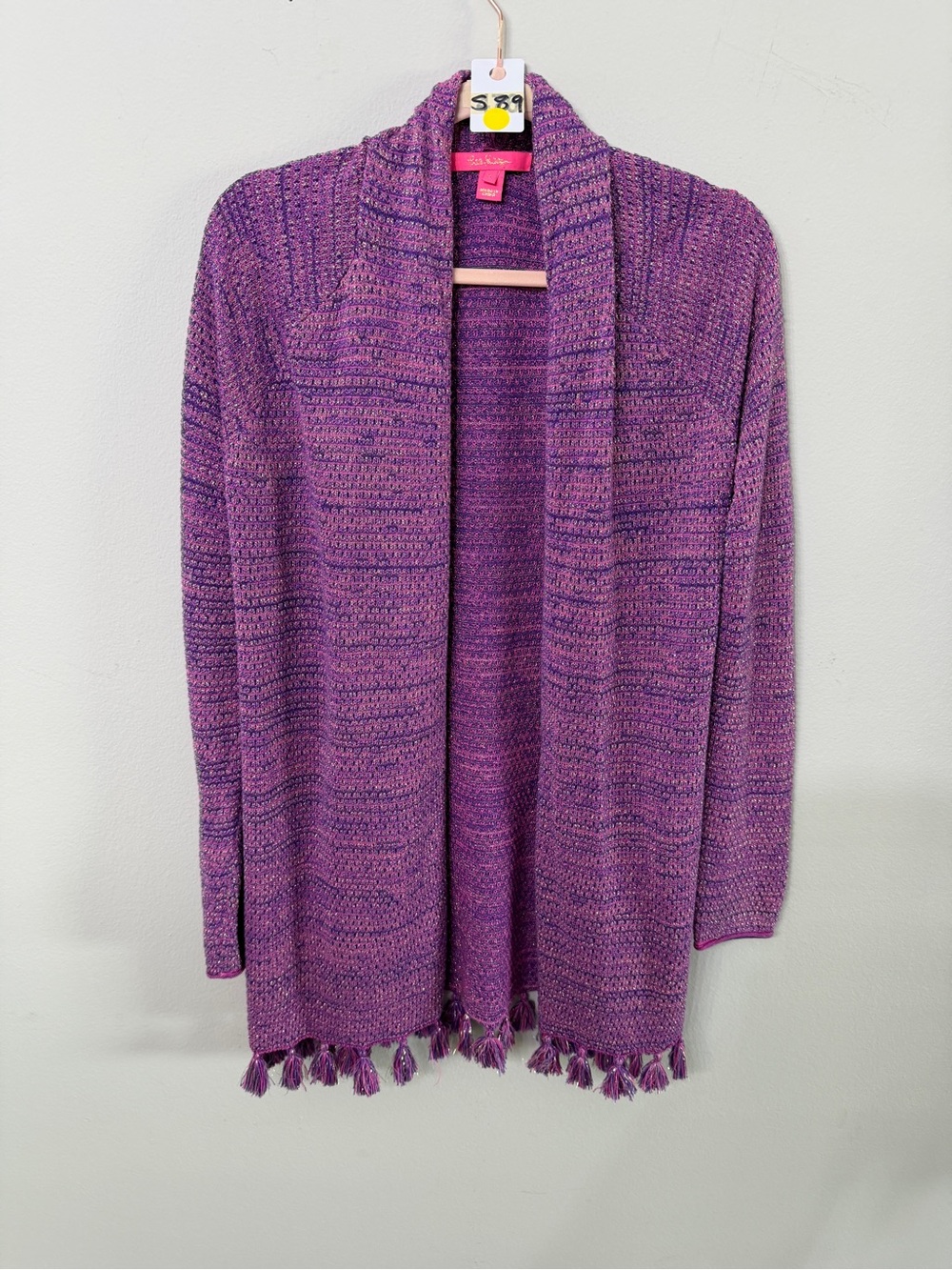 Women’s Lily Pulitzer Size S Purple Metallic Open-Front Tassel Cardigan Sweater